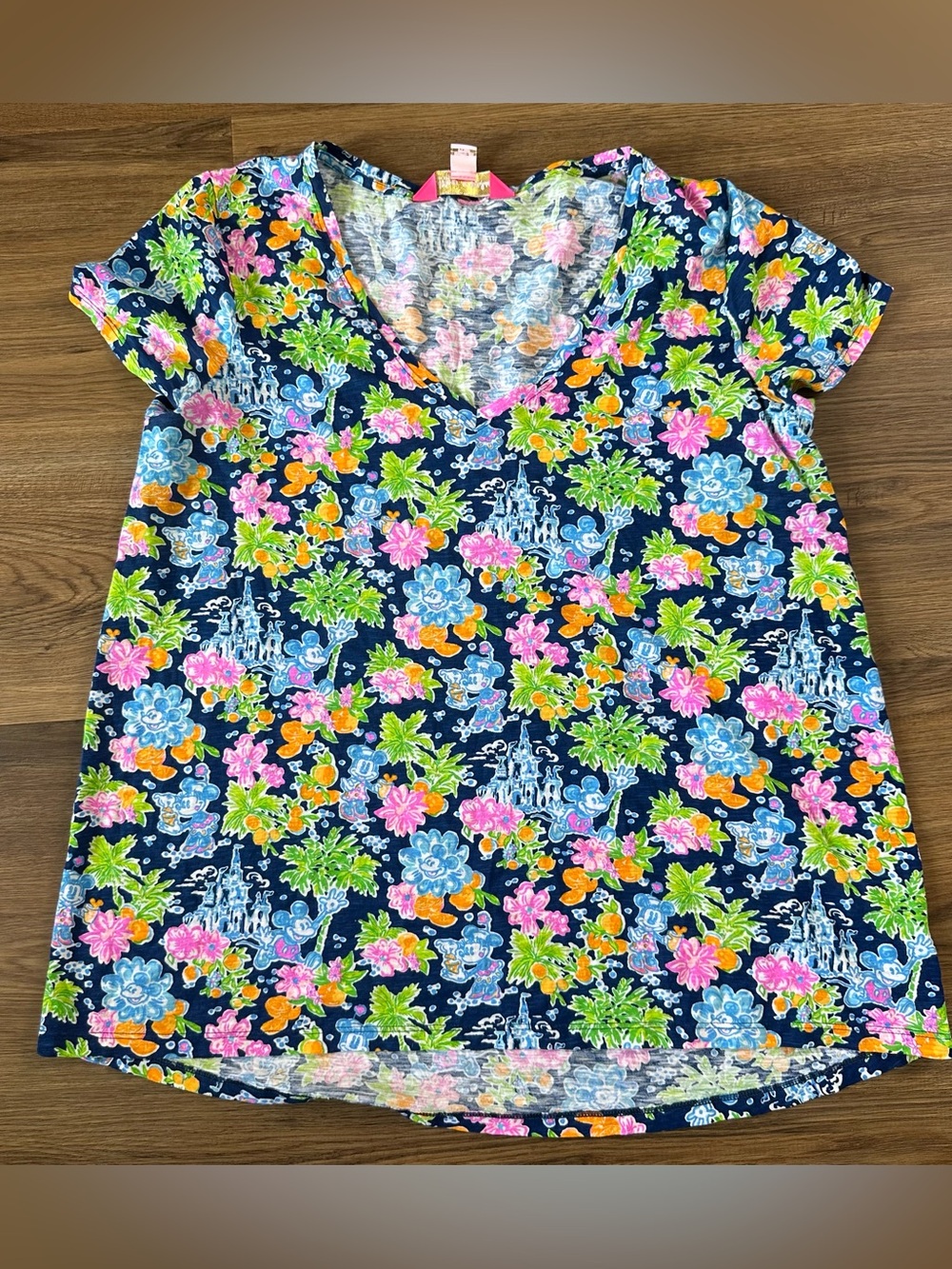 Disney Lilly Pulitzer Women Large Blue Etta V-Neck Minnie Mickey Top Shirt EUC